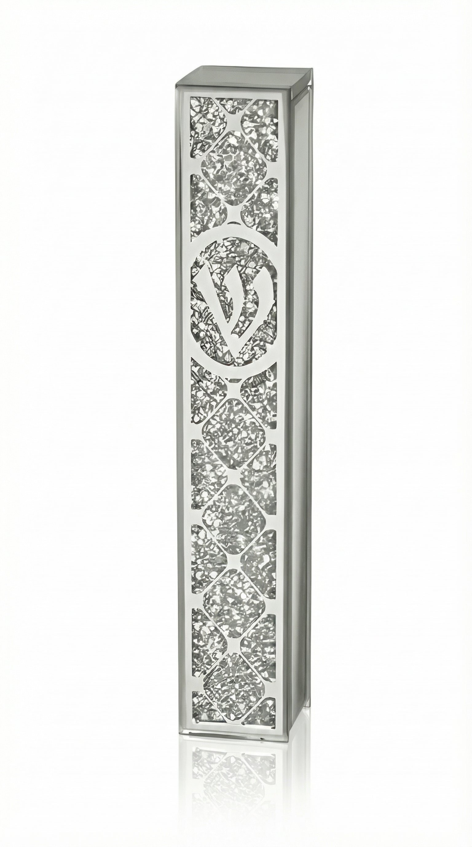 silver glass mezuzah case made in Israel, featuring diamond-like reflective mosaic pieces, geometric bands, and a raised Hebrew Shin on white