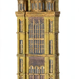 Die Neue Synagoge Berlin Mezuzah shown from the front as a mezuzah cover featuring golden ochre Fimo polymer clay shaped as the Berlin synagogue facade, with gray domes, tall windows and fine architectural relief, presenting a detailed Judaica design for a Jewish home doorway