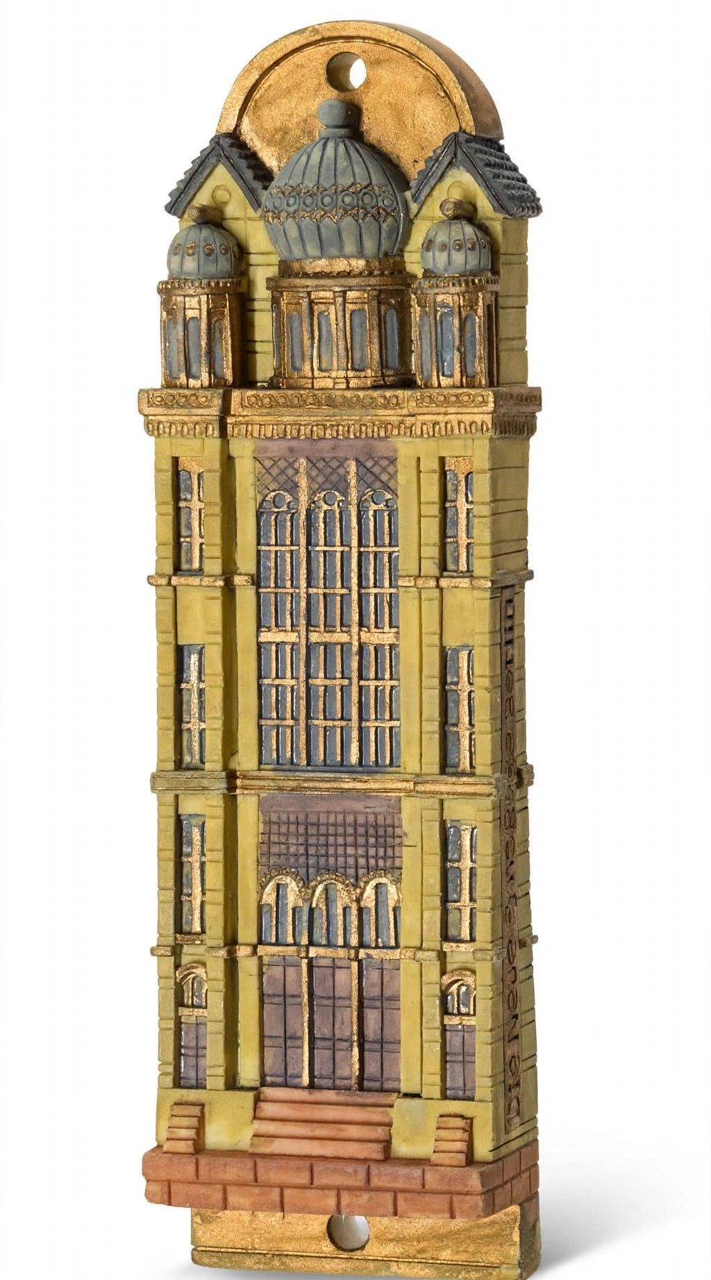 Die Neue Synagoge Berlin Mezuzah shown from the front as a mezuzah cover featuring golden ochre Fimo polymer clay shaped as the Berlin synagogue facade, with gray domes, tall windows and fine architectural relief, presenting a detailed Judaica design for a Jewish home doorway
