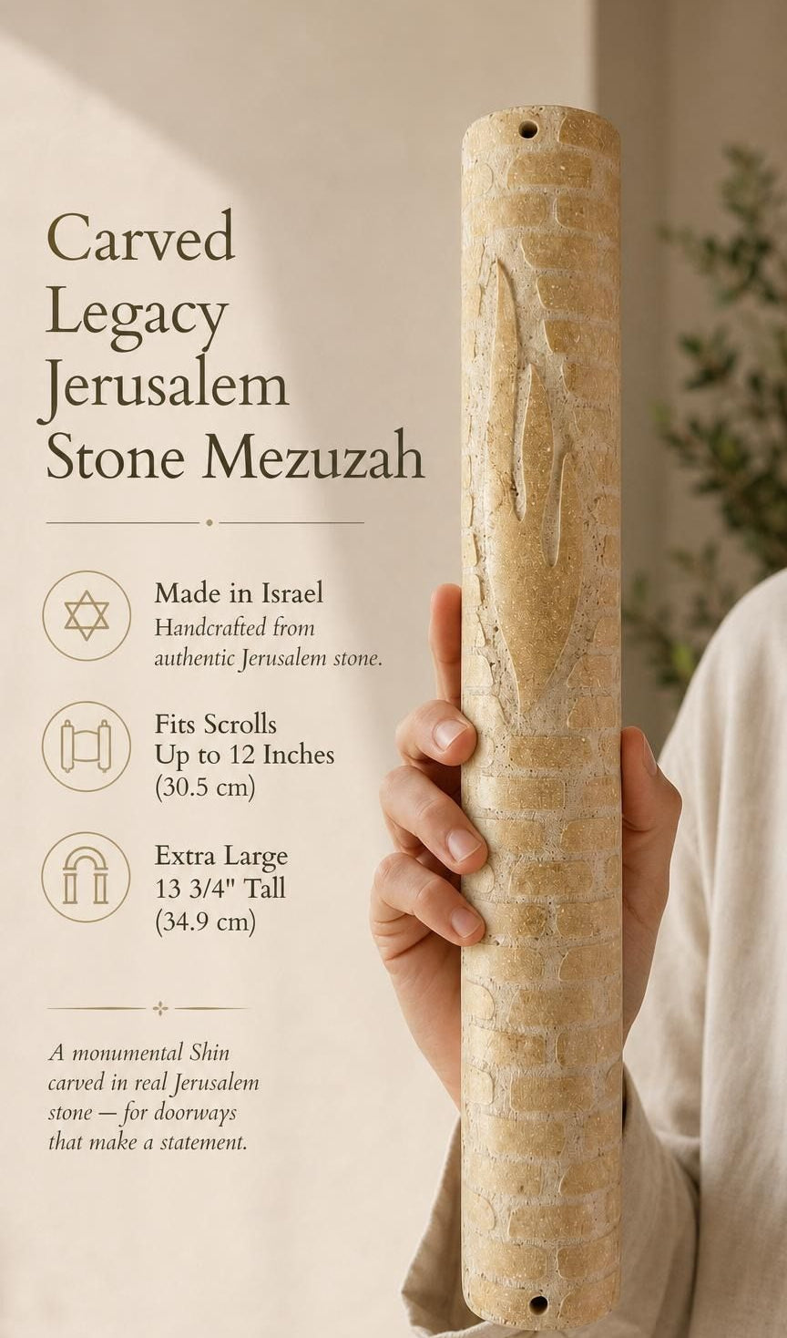 Hand holding the carved Jerusalem Stone Mezuzah against a neutral background, emphasizing its architectural texture and monumental Shin design.