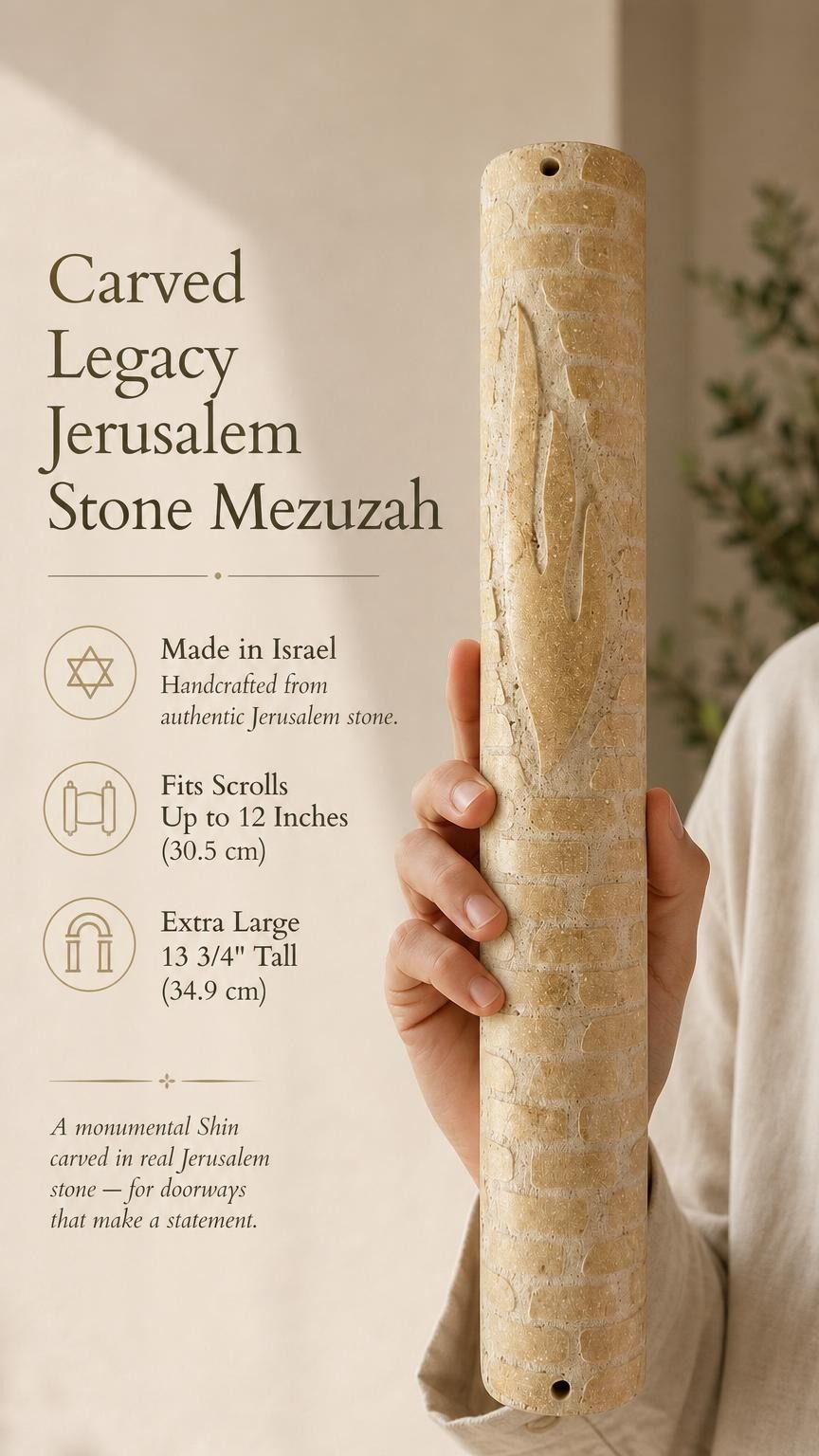 Hand holding the carved Jerusalem Stone Mezuzah against a neutral background, emphasizing its architectural texture and monumental Shin design.