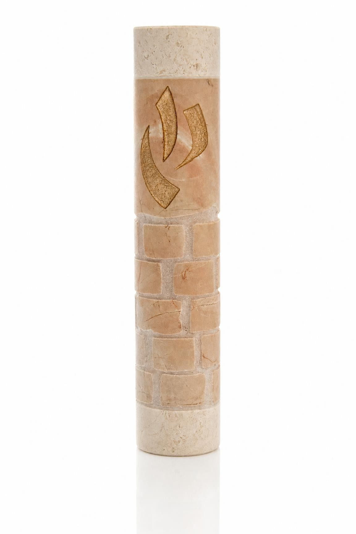 Divine Shin cream Jerusalem stone mezuzah, 5 inches tall, with a gold shin on the face.