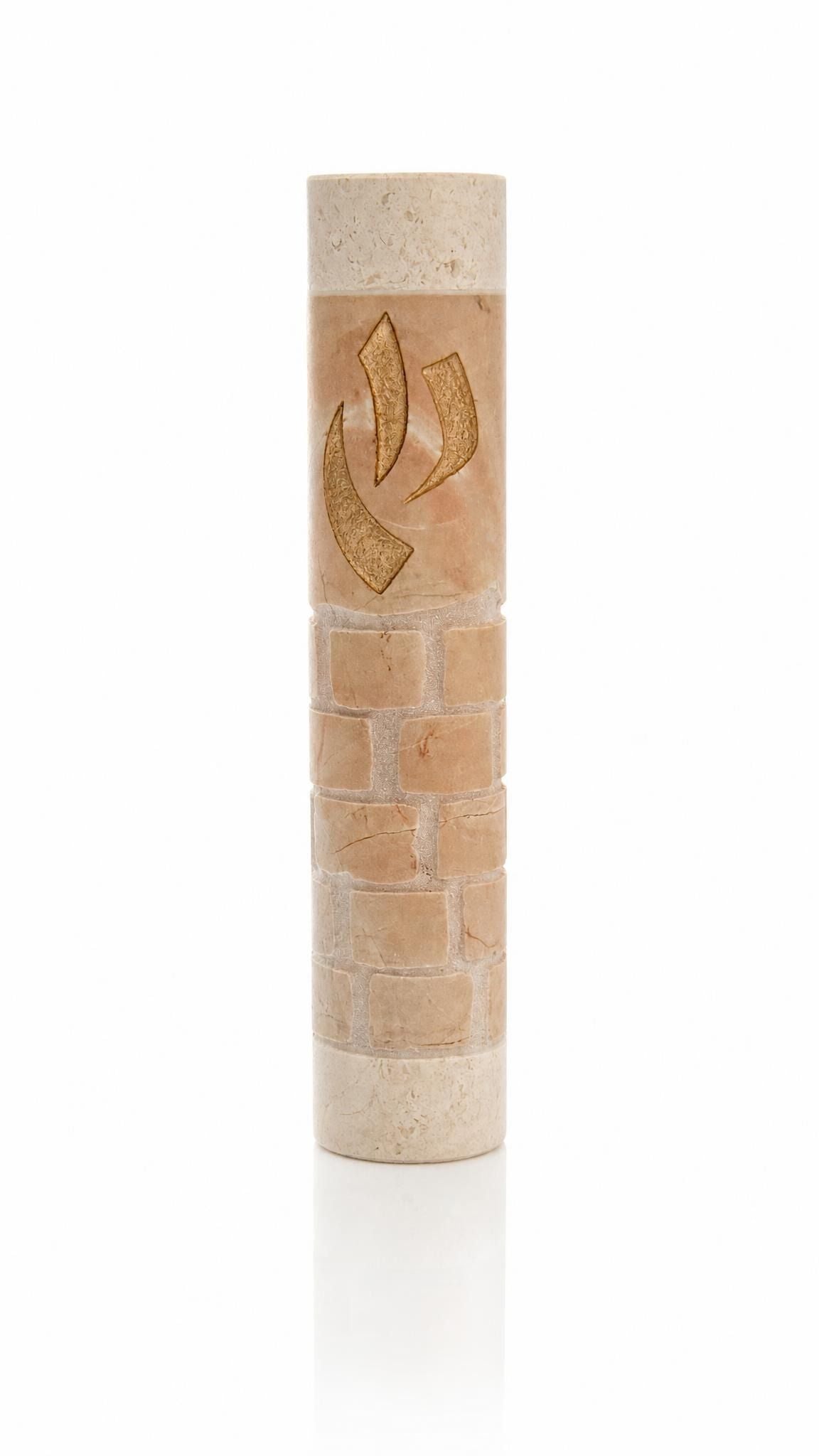 Divine Shin cream Jerusalem stone mezuzah, 5 inches tall, with a gold shin on the face.