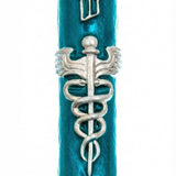Hand-painted pewter doctor mezuzah with Hebrew inscriptions, designed for doctors, on a clean white background with subtle reflection.