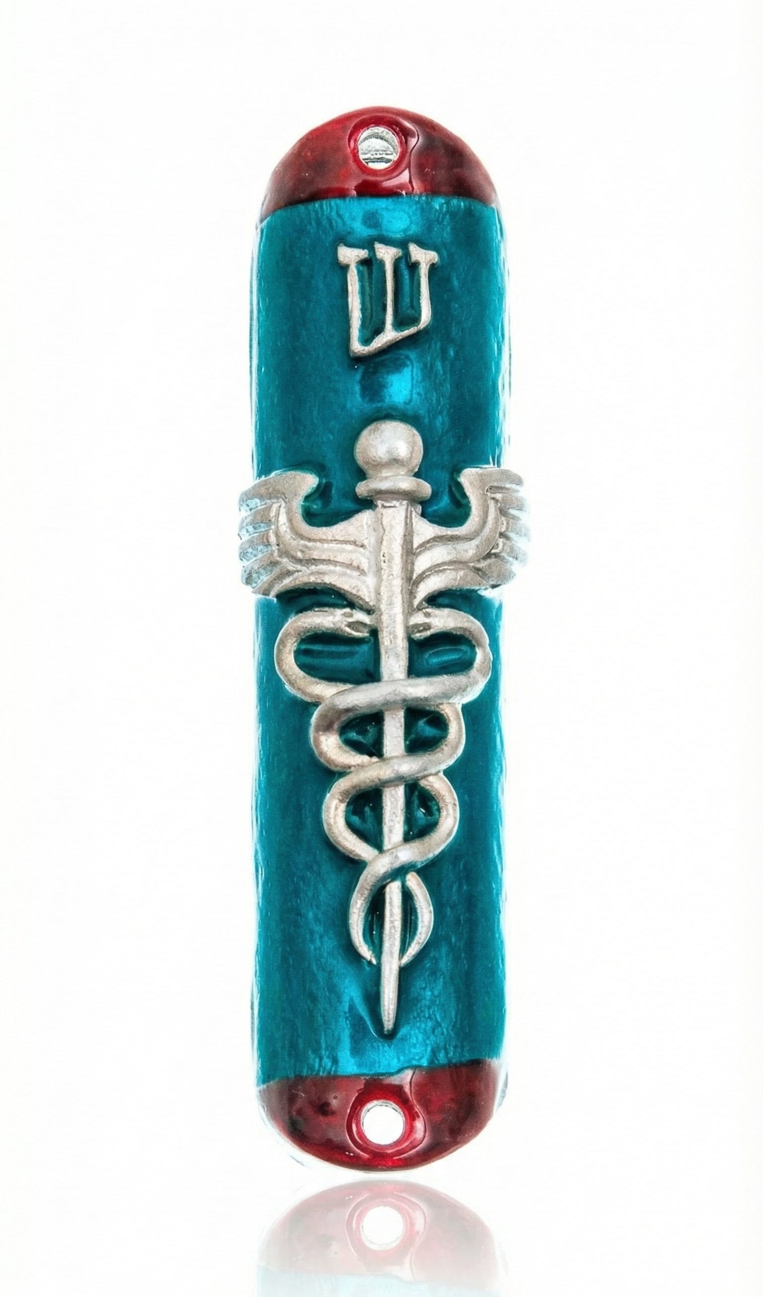Hand-painted pewter doctor mezuzah with Hebrew inscriptions, designed for doctors, on a clean white background with subtle reflection.