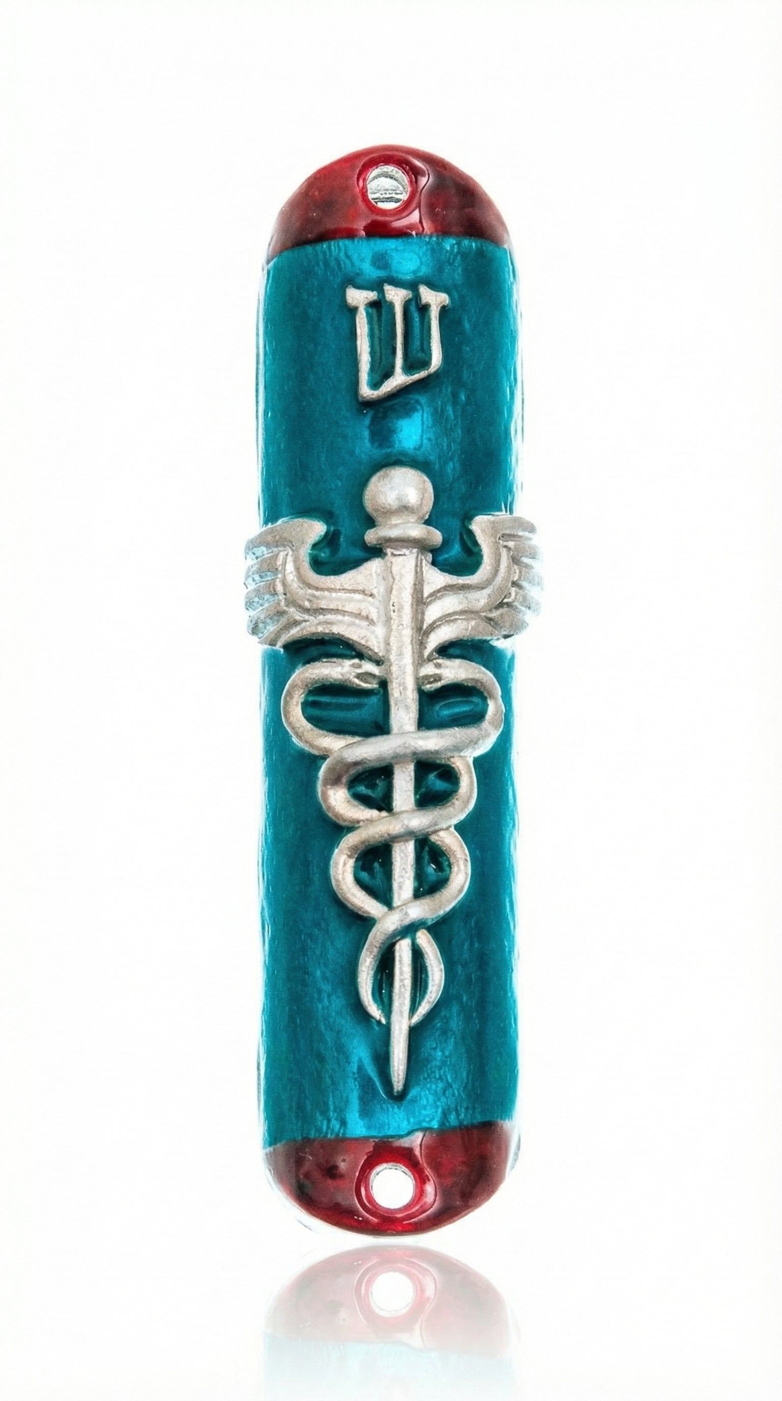 Hand-painted pewter doctor mezuzah with Hebrew inscriptions, designed for doctors, on a clean white background with subtle reflection.