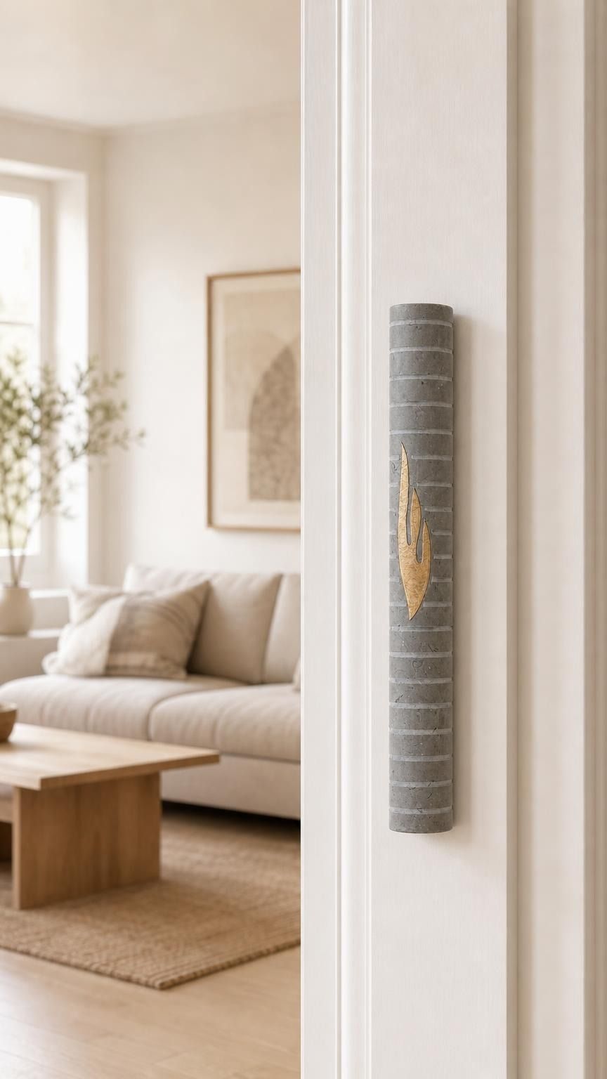 Yerushalayim gray stone mezuzah mounted on a doorpost, seen on approach to the entrance.
