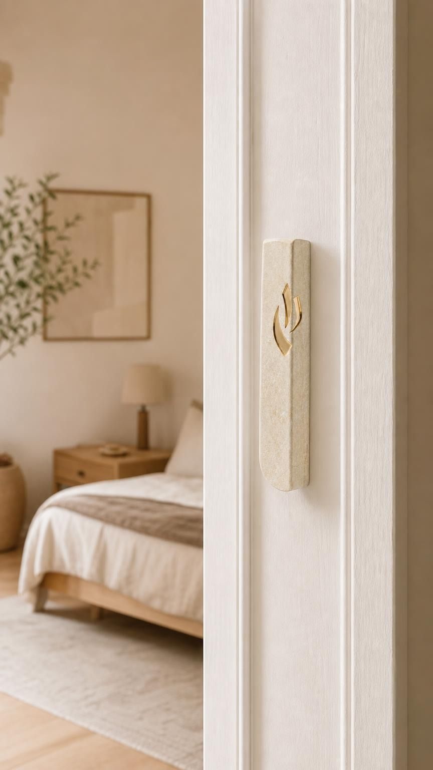 Close-up of Jerusalem stone mezuzah mounted on a residential doorpost in a natural entryway scene.