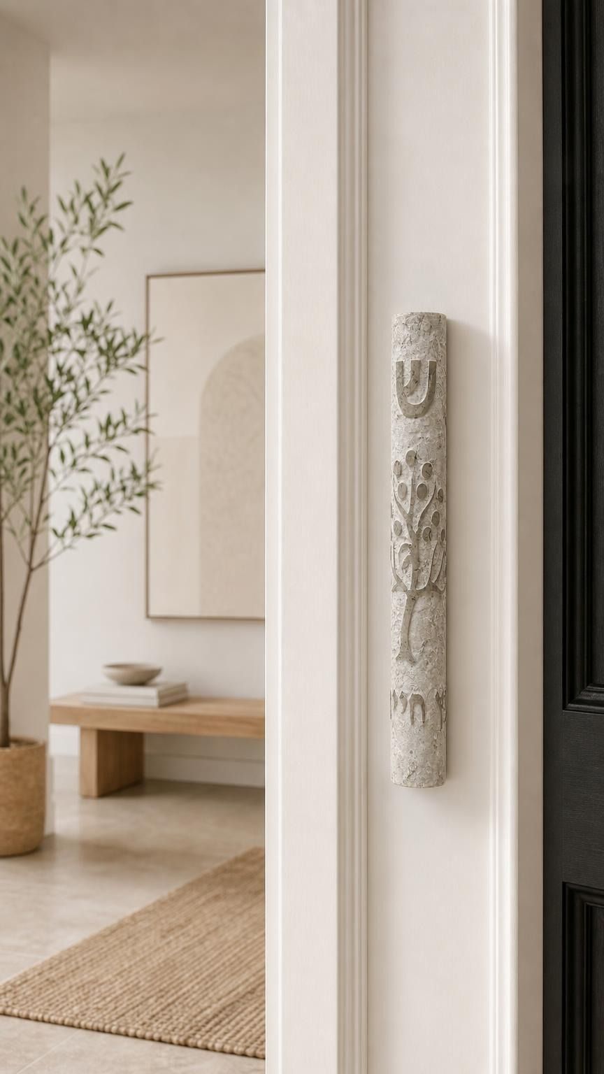 Etz Chaim gray stone mezuzah mounted on the right doorpost of an indoor doorway.