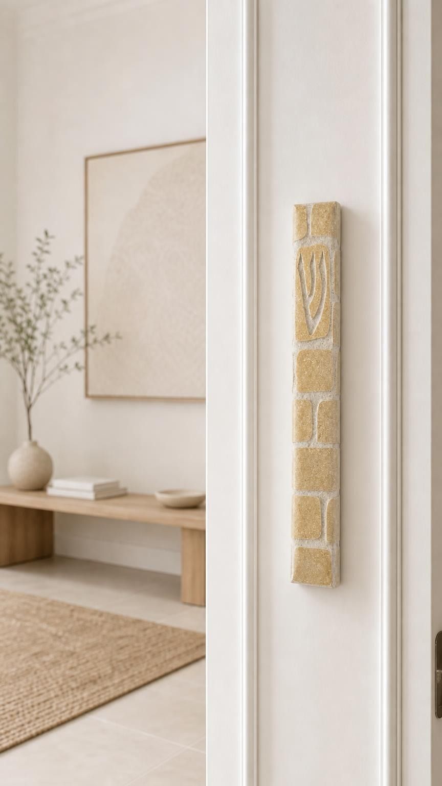 Plain cream Jerusalem stone mezuzah mounted on the right doorpost of an entryway.