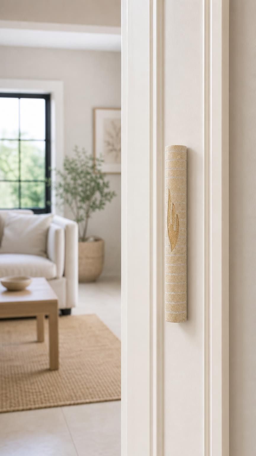 Doorway with Jerusalem stone mezuzah mounted on right doorpost, showing real-life scale and positioning.