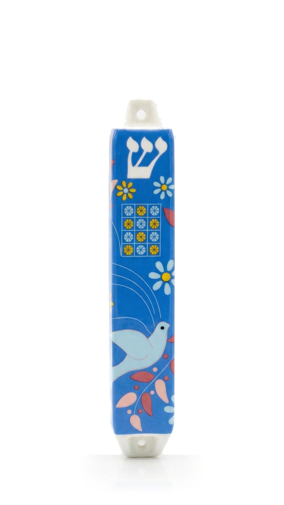 Dove of Peace Blue ceramic mezuzah cover with a pale blue and white bird, pink floral details and a decorative twelve-square panel below a white Hebrew Shin, giving the glazed doorway design a cheerful blue palette and familiar Jewish motifs