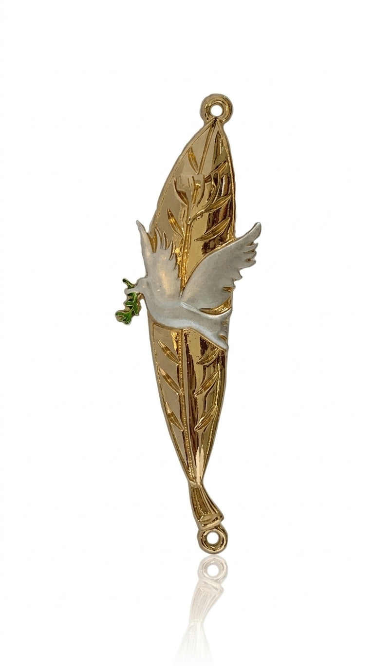 High-resolution image of the Dove of Peace Mezuzah, made of pewter and hand painted with enamel, displayed on a white studio surface with a soft reflection.