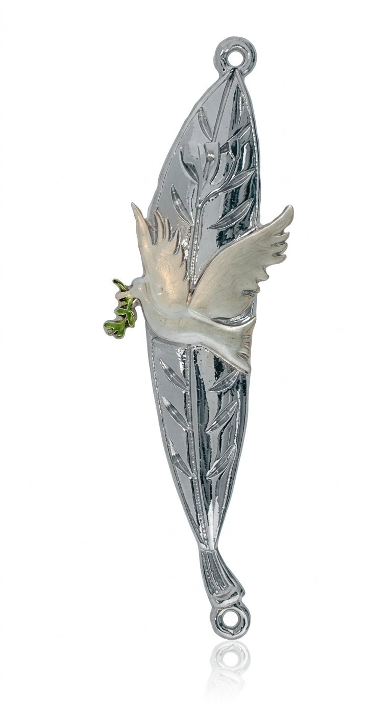 Silver Dove of Peace mezuzah inspired by Picasso's first dove design, detailed pewter with enamel, designed for home blessing and Jewish tradition.