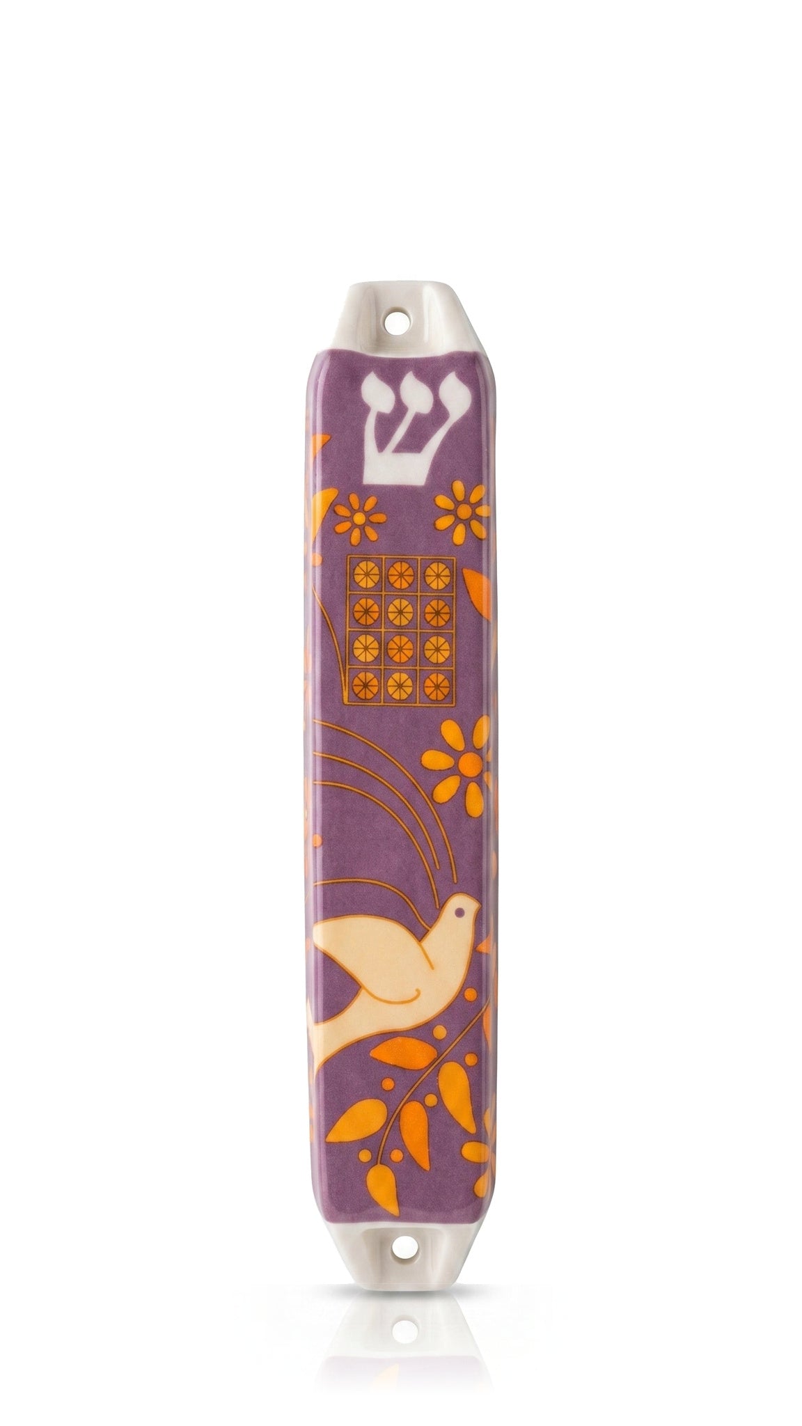 Dove of Peace Purple ceramic mezuzah cover with a cream-colored dove, golden yellow flowers, a decorative twelve-square motif and a white Hebrew Shin, combining a rich purple glaze with warm colorful details for a Jewish home entrance