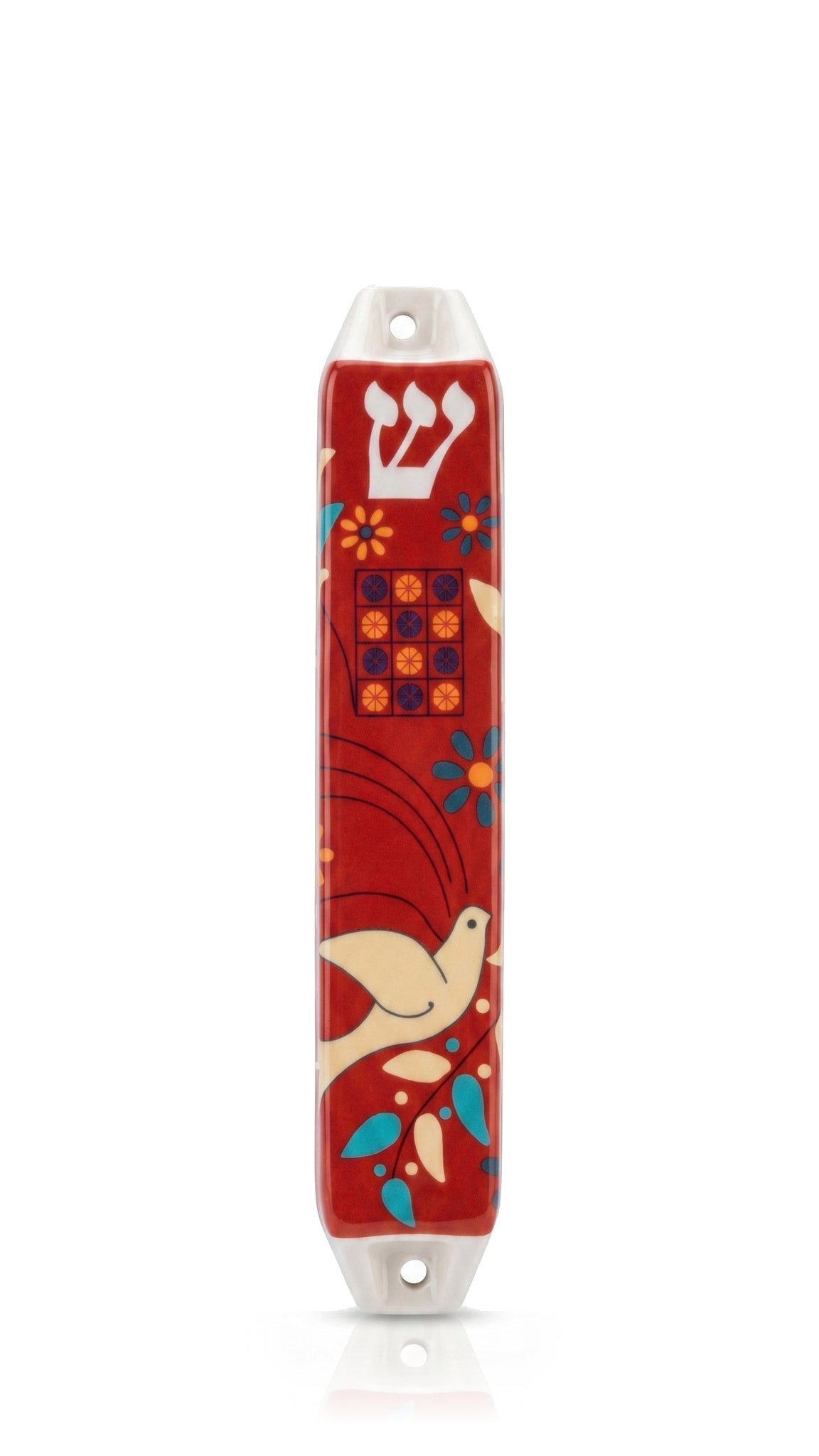 Dove of Peace Red ceramic mezuzah cover with a cream-colored bird, turquoise and yellow floral accents, a decorative twelve-square panel and a white Hebrew Shin, bringing bright red glazed color and Jewish symbolism to the doorpost