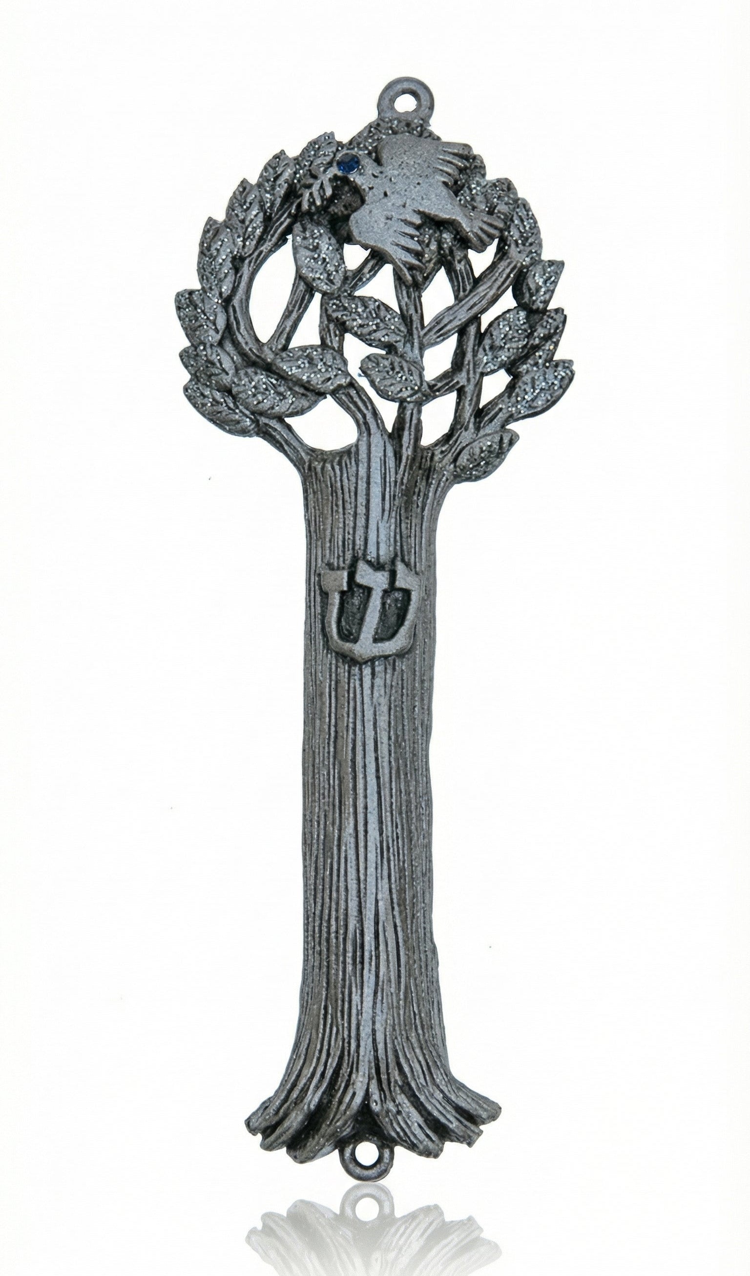 Elegant pewter Dove of Peace Tree Mezuzah with Hebrew engravings, designed for home blessing and door framing, measures 5 inches tall, includes optional scroll.