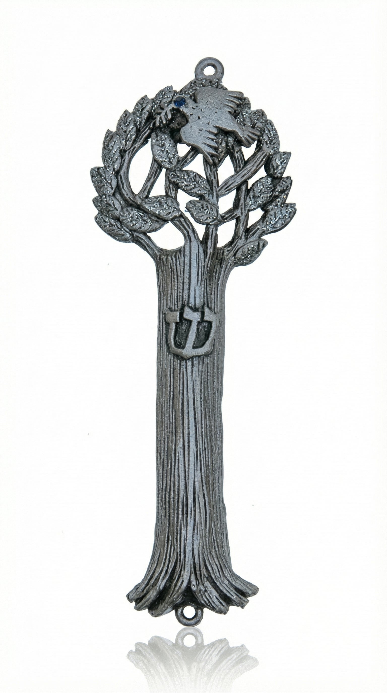 Elegant pewter Dove of Peace Tree Mezuzah with Hebrew engravings, designed for home blessing and door framing, measures 5 inches tall, includes optional scroll.