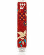 Decorative red mezuzah case with bird design red ceramic with blue and white accents and an uplifting dove motif for a colorful doorway