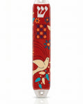 Decorative red mezuzah case with bird design red ceramic with blue and white accents and an uplifting dove motif for a colorful doorway