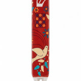 Decorative red mezuzah case with bird design red ceramic with blue and white accents and an uplifting dove motif for a colorful doorway