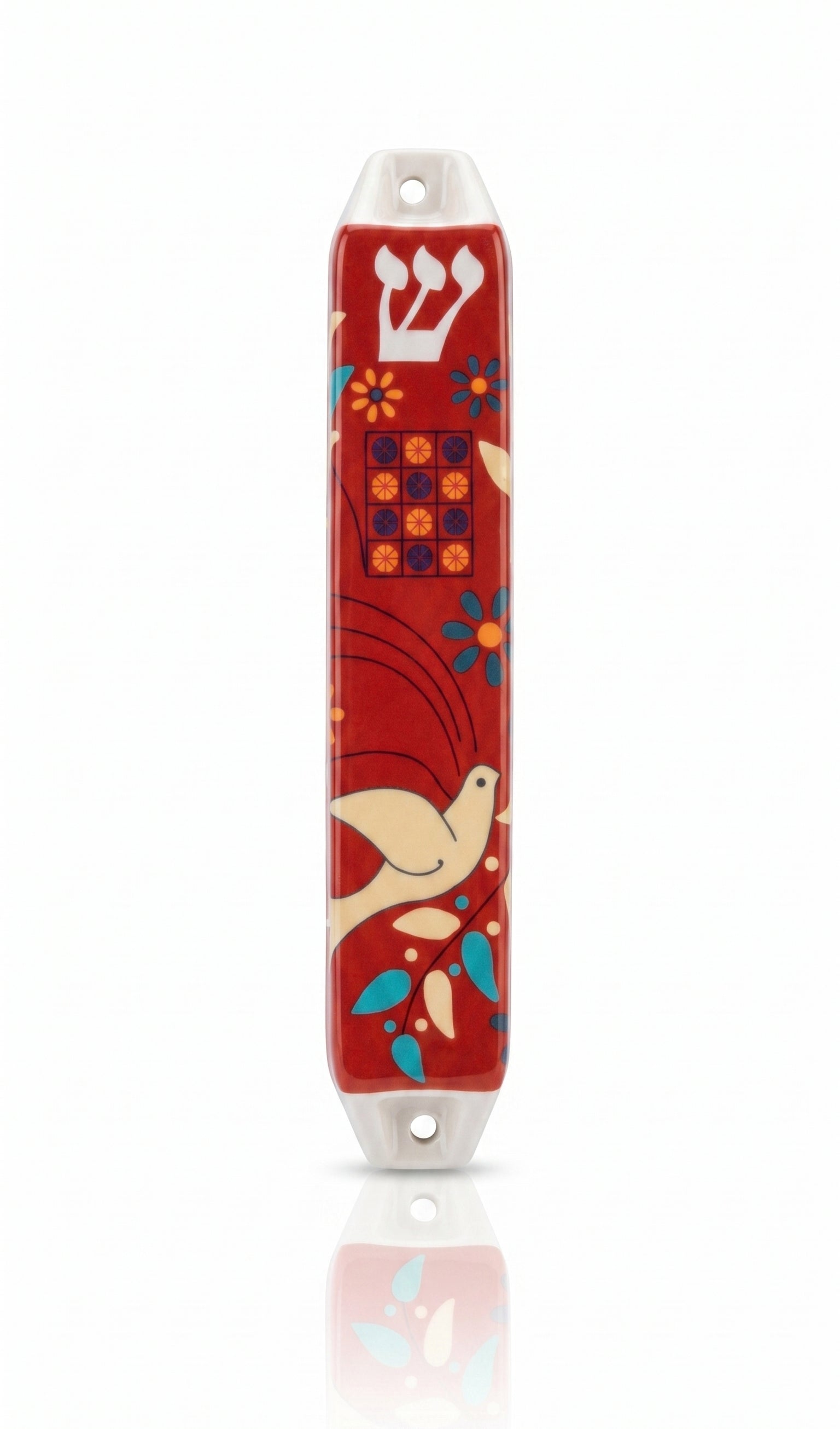 Decorative red mezuzah case with bird design red ceramic with blue and white accents and an uplifting dove motif for a colorful doorway