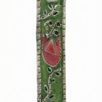 Upscale, high-resolution image of the Eden Mezuzah made of pewter with enamel painting, showing fine details, Hebrew inscriptions, and decorations.