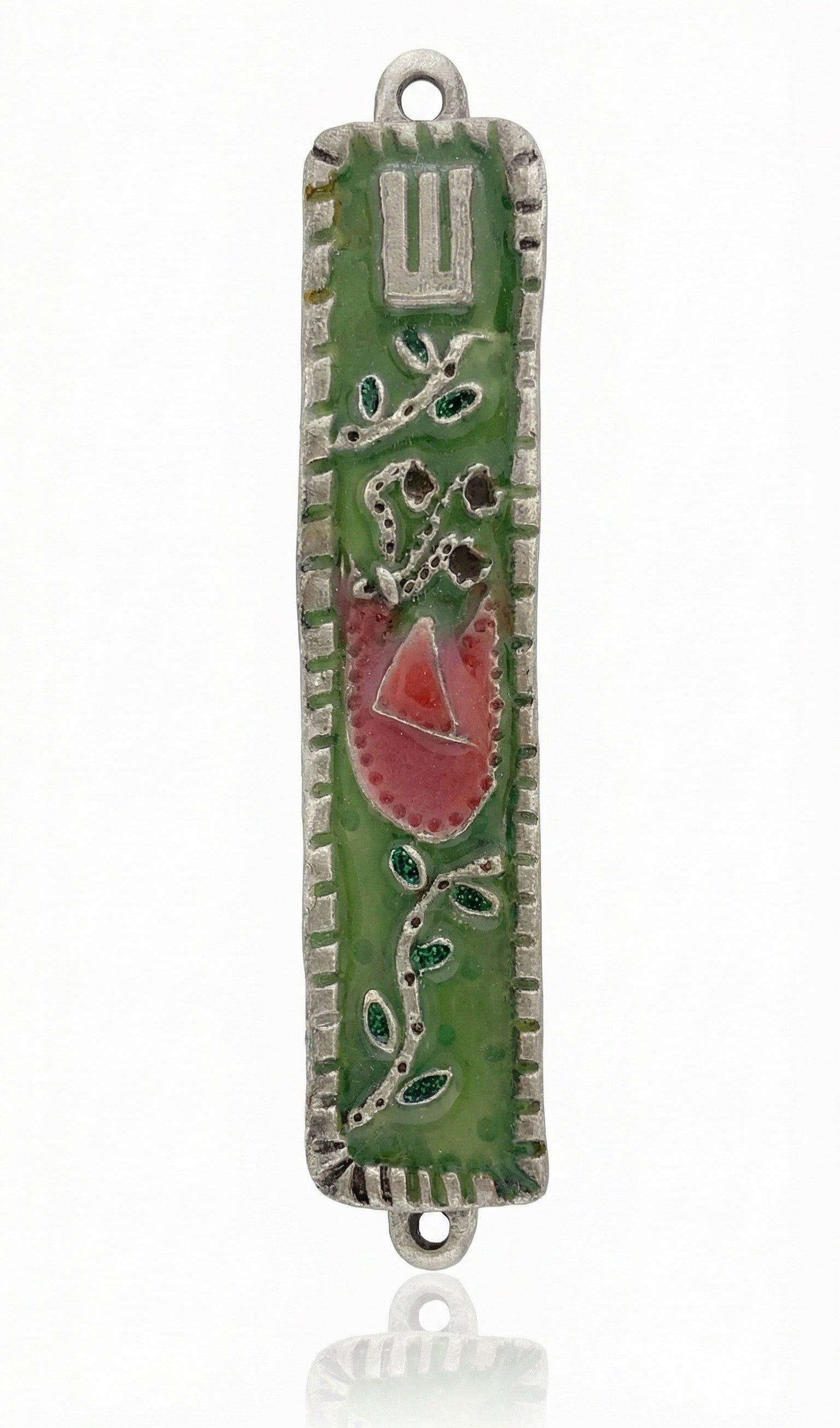 Upscale, high-resolution image of the Eden Mezuzah made of pewter with enamel painting, showing fine details, Hebrew inscriptions, and decorations.