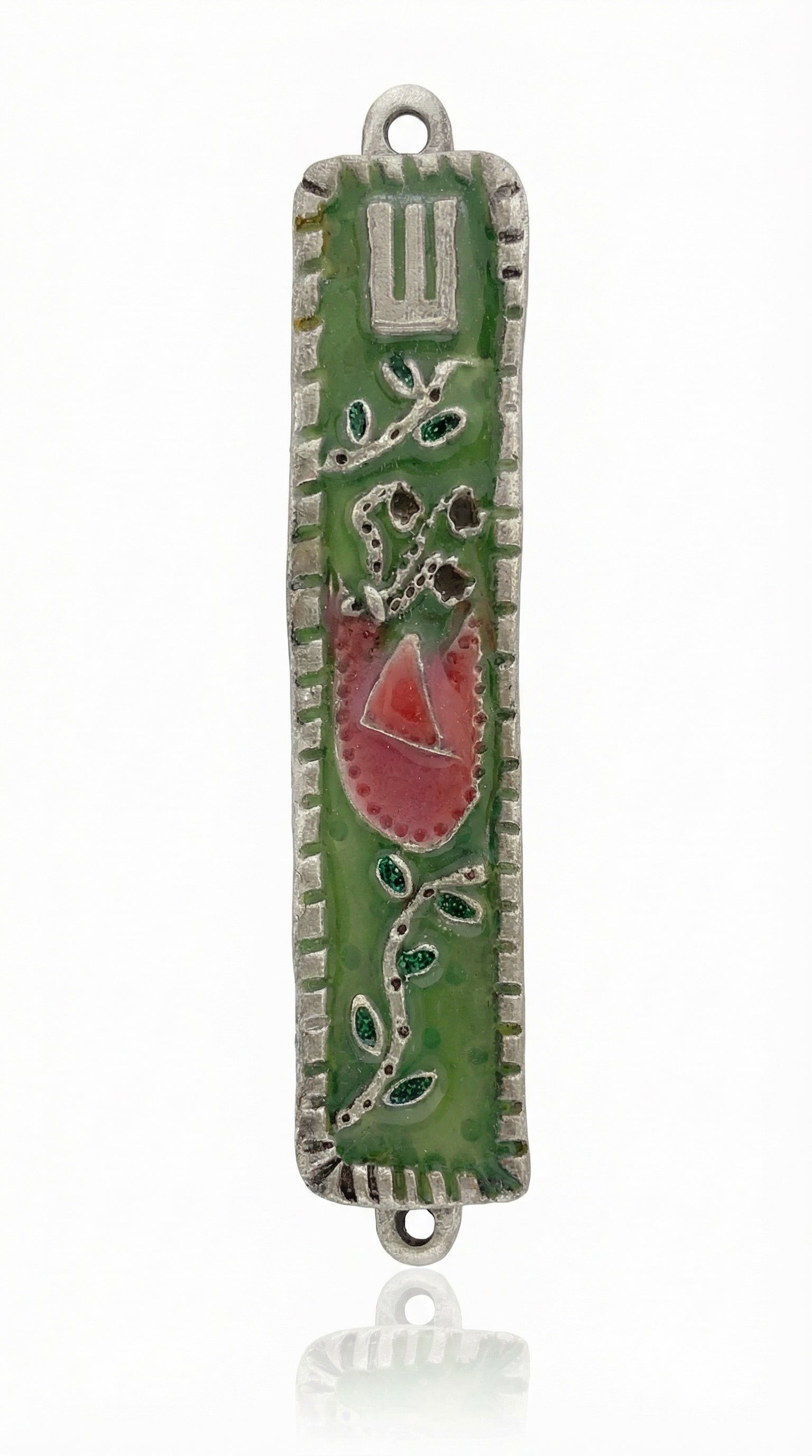 Upscale, high-resolution image of the Eden Mezuzah made of pewter with enamel painting, showing fine details, Hebrew inscriptions, and decorations.