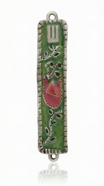 Upscale, high-resolution image of the Eden Mezuzah made of pewter with enamel painting, showing fine details, Hebrew inscriptions, and decorations.