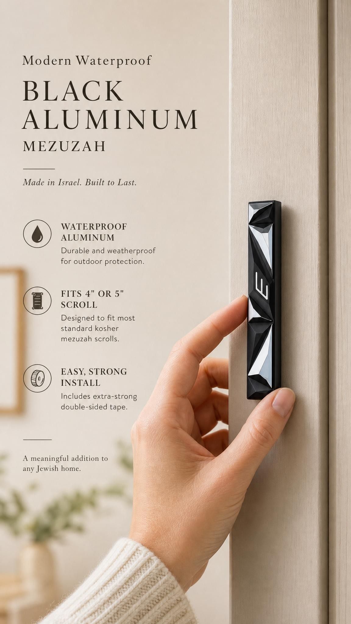 Person naturally holding the exact mezuzah in a refined editorial style with editorial text on the side, in a 9:16 premium presentation.