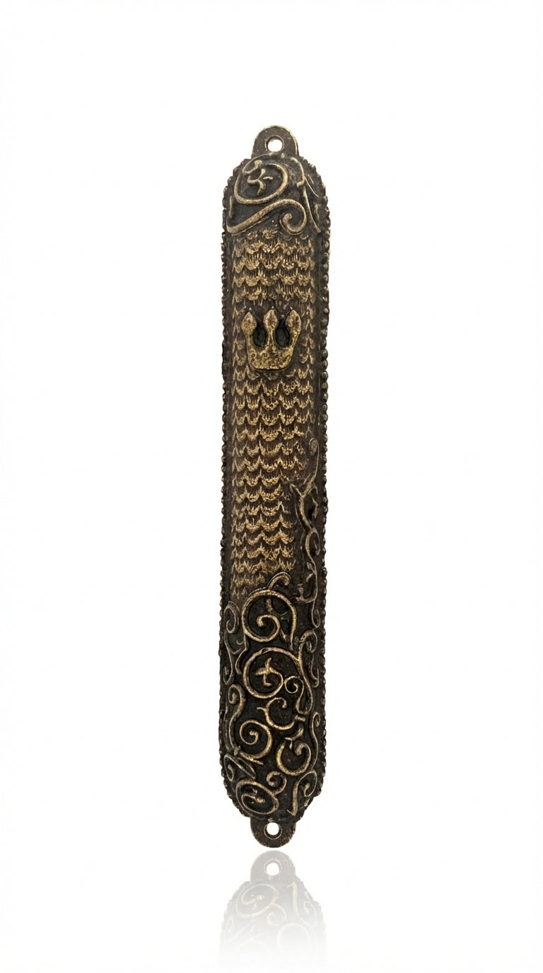 Elegant brass Mezuzah with intricate carvings and Hebrew inscriptions, displayed on a pure white background with subtle reflection.