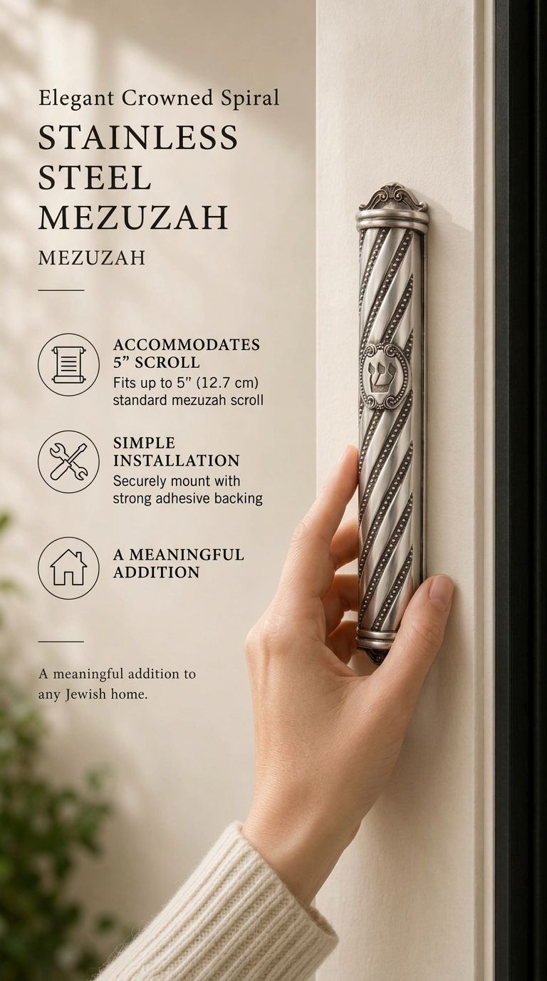 A person holds an elegant crowned spiral stainless steel mezuzah case featuring intricate beaded details and a central Shin.