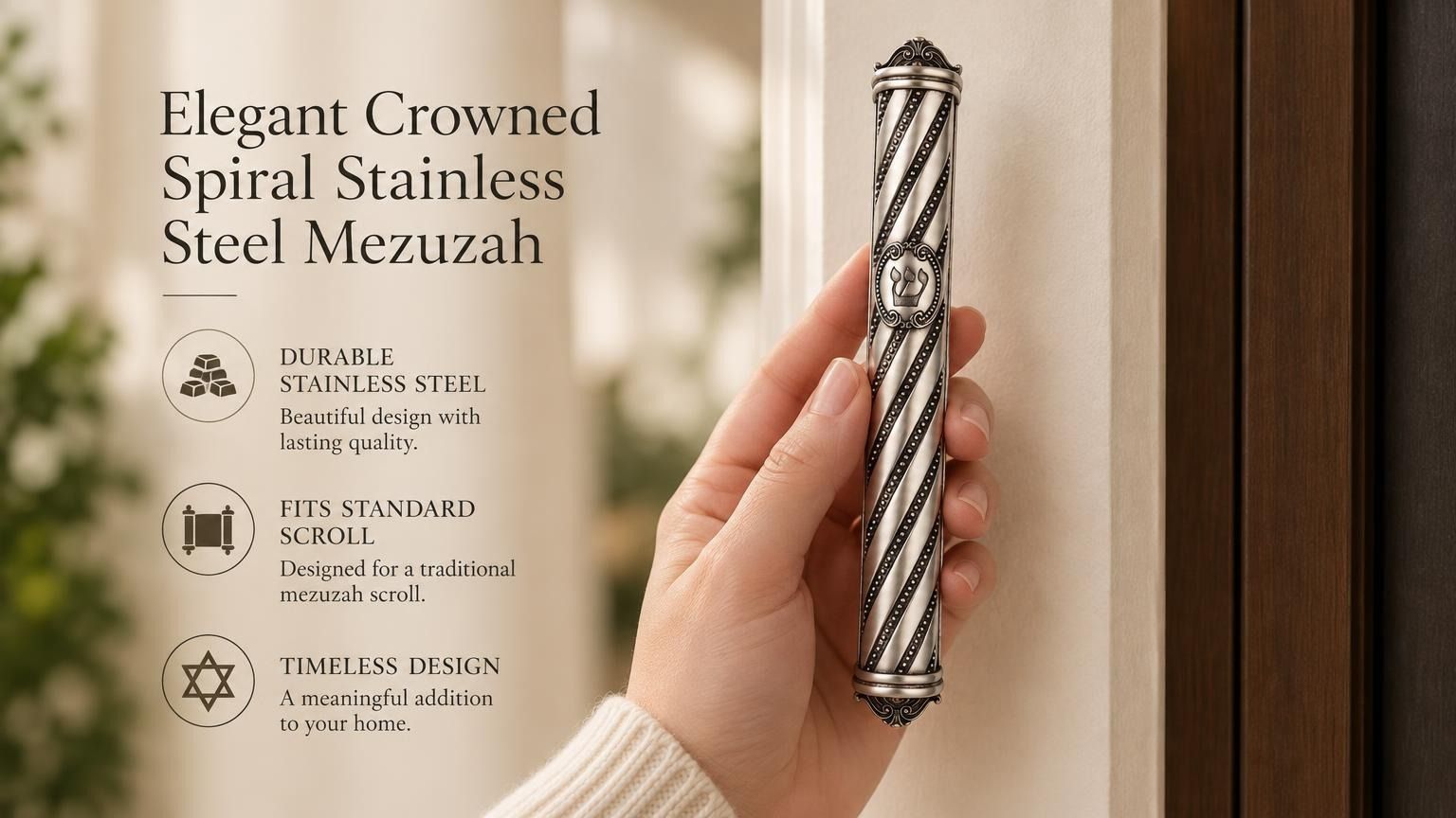 Person holding an elegant crowned spiral stainless steel mezuzah case with detailed beaded accents and a center Shin symbol.