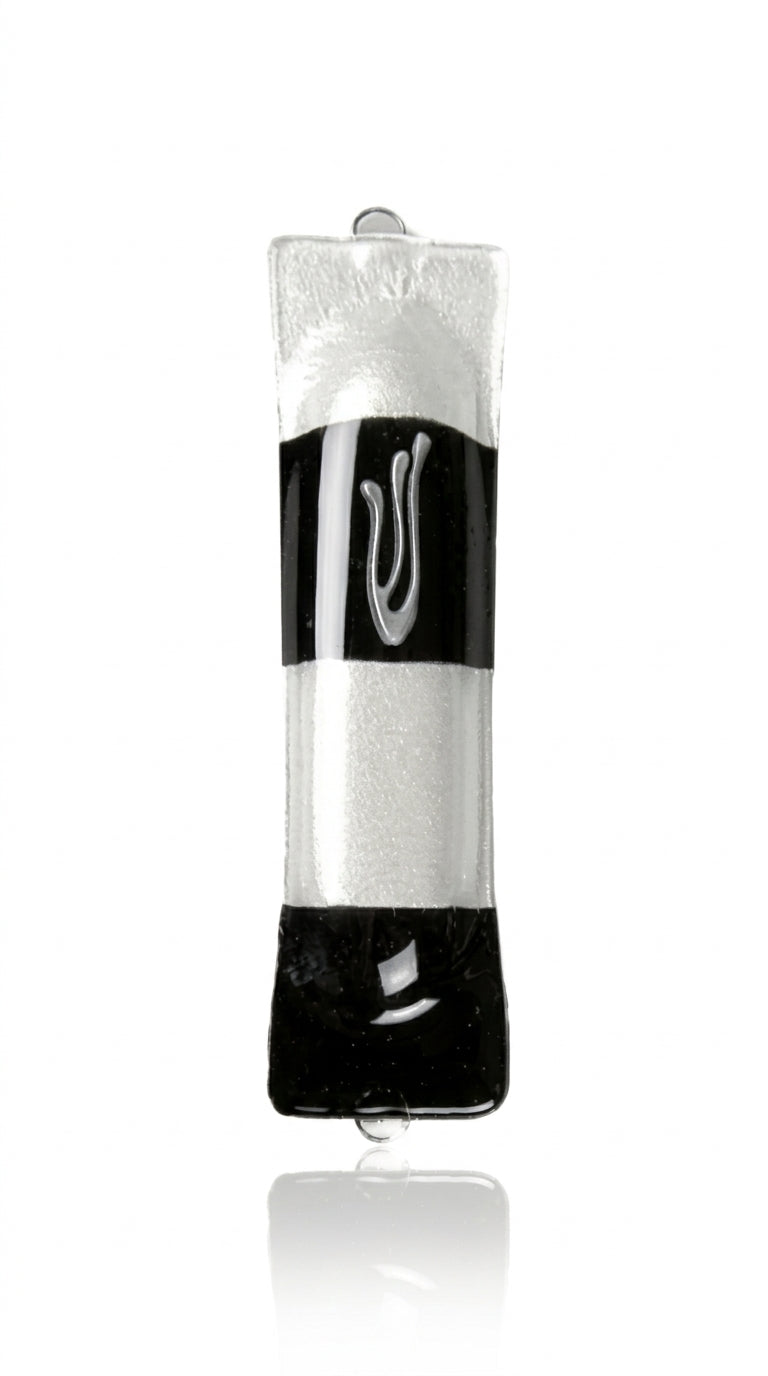 Elegant glass mezuzah with alternating stripe design, measuring 4.5 inches tall, perfect for home doorways in traditional Jewish decor.