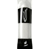 Elegant glass mezuzah with alternating stripe design, measuring 4.5 inches tall, perfect for home doorways in traditional Jewish decor.