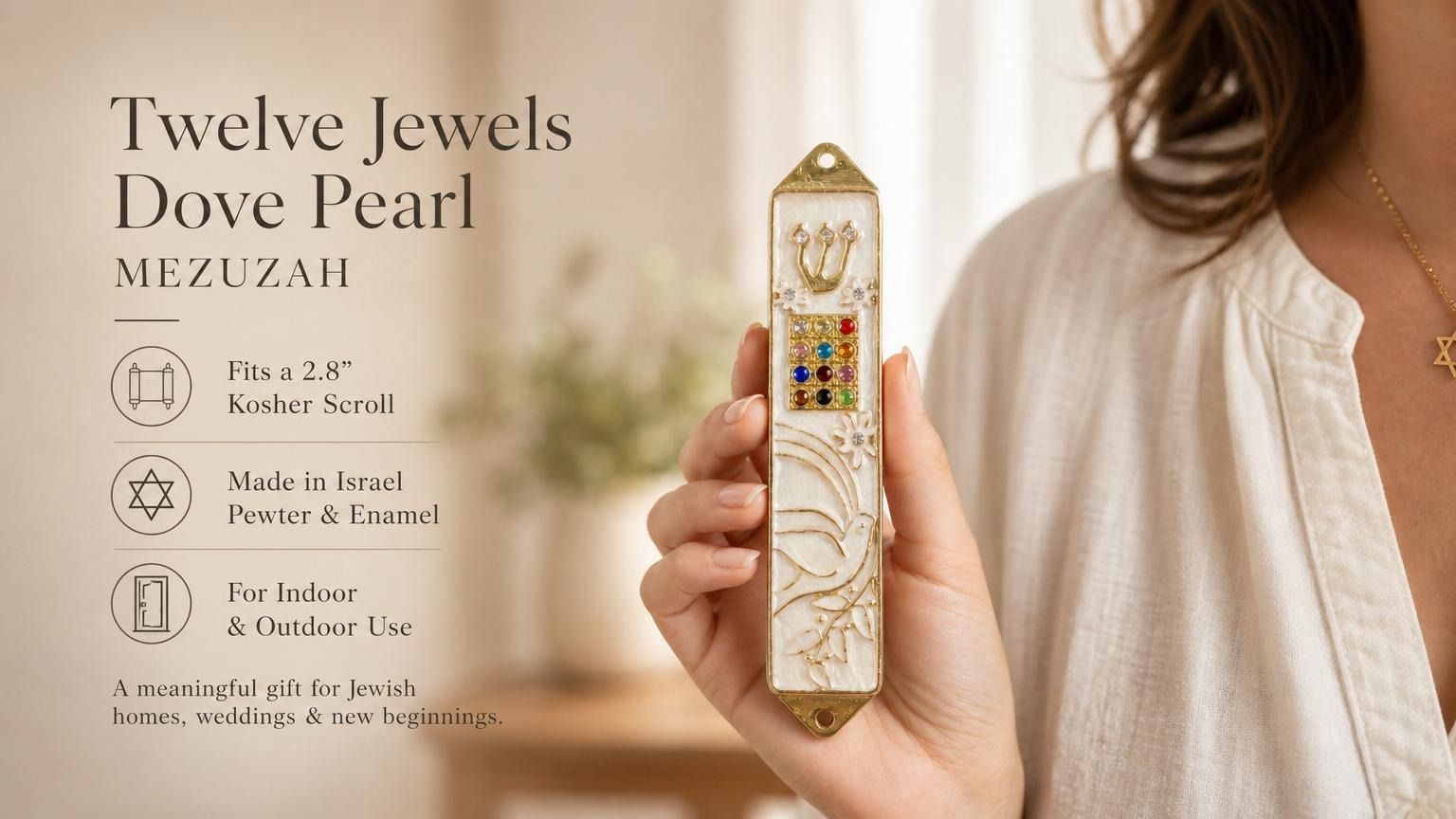 Pearl enamel mezuzah case with gold trim and dove design, featuring floral accents and twelve jewel-like colors, suitable for Jewish home entryways.