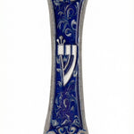 High-resolution image of a pewter Mezuzah with hand-painted enamel, detailed engravings, Hebrew inscriptions, and decorative motifs on a white studio background with soft reflection.