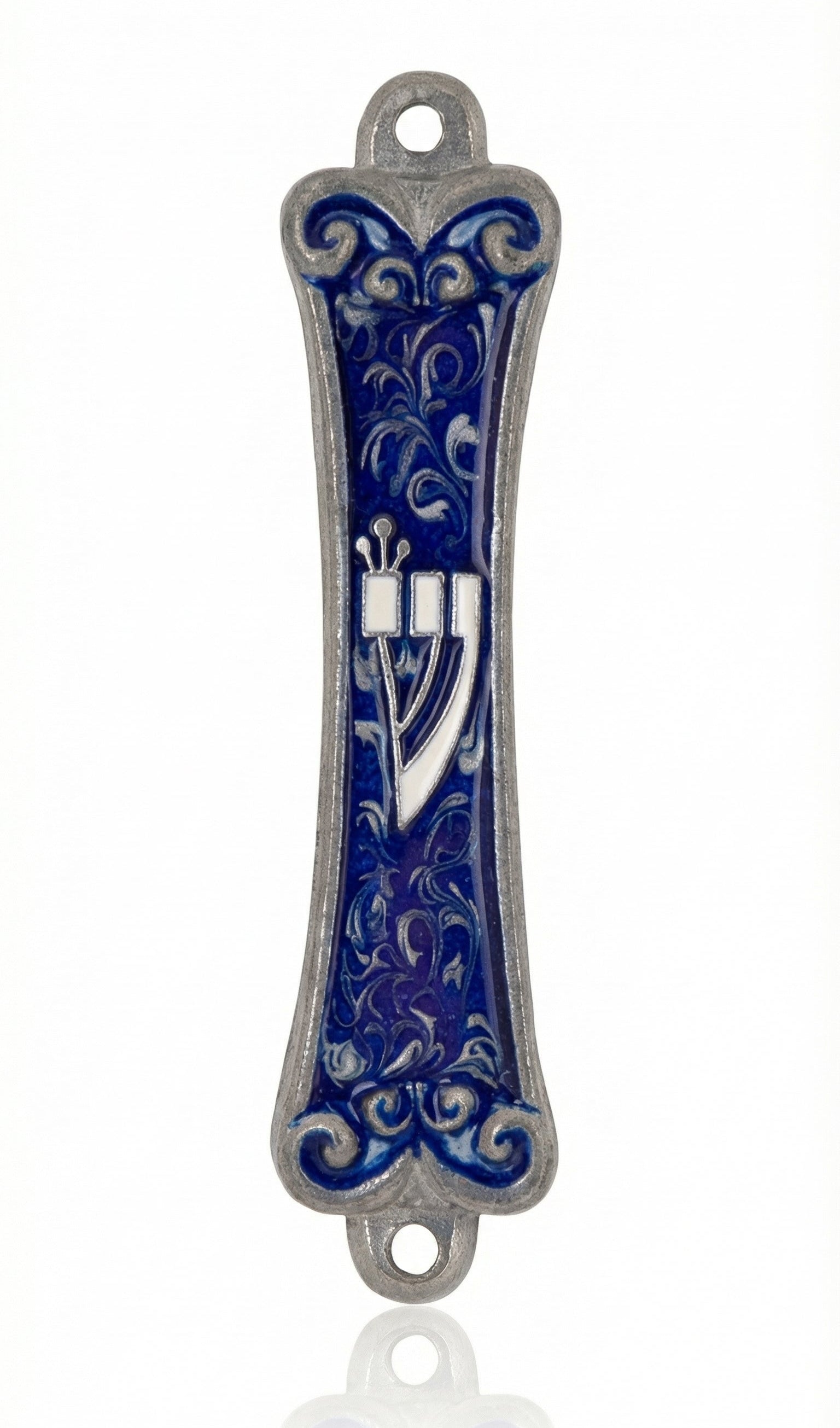 High-resolution image of a pewter Mezuzah with hand-painted enamel, detailed engravings, Hebrew inscriptions, and decorative motifs on a white studio background with soft reflection.