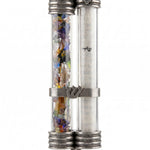 Under the Chuppah wedding glass mezuzah case with dual clear tubes, broken glass chamber, separate scroll chamber, and pewter Shin accents