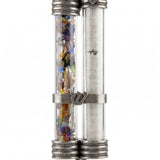 Under the Chuppah wedding glass mezuzah case with dual clear tubes, broken glass chamber, separate scroll chamber, and pewter Shin accents