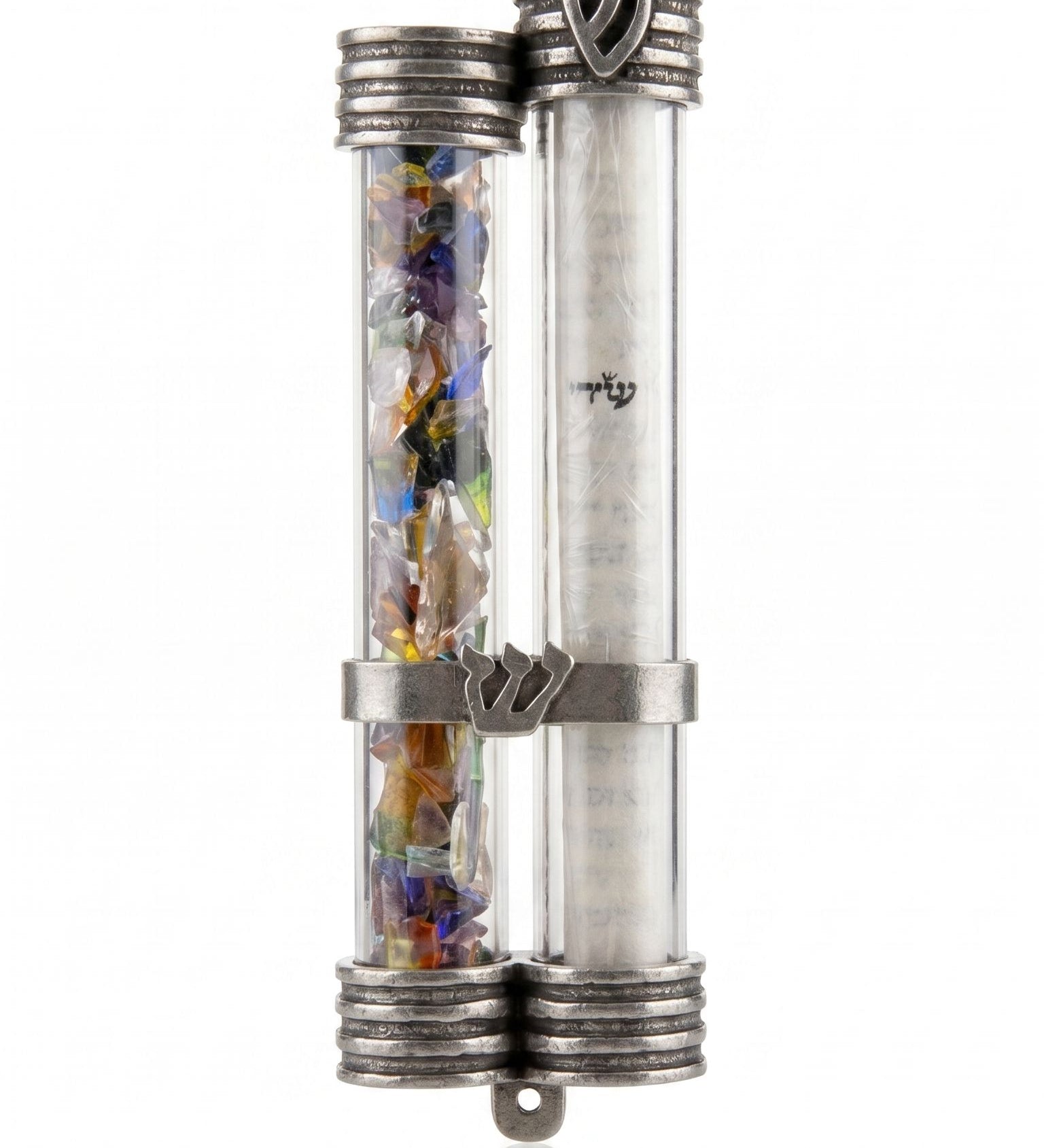 Under the Chuppah wedding glass mezuzah case with dual clear tubes, broken glass chamber, separate scroll chamber, and pewter Shin accents