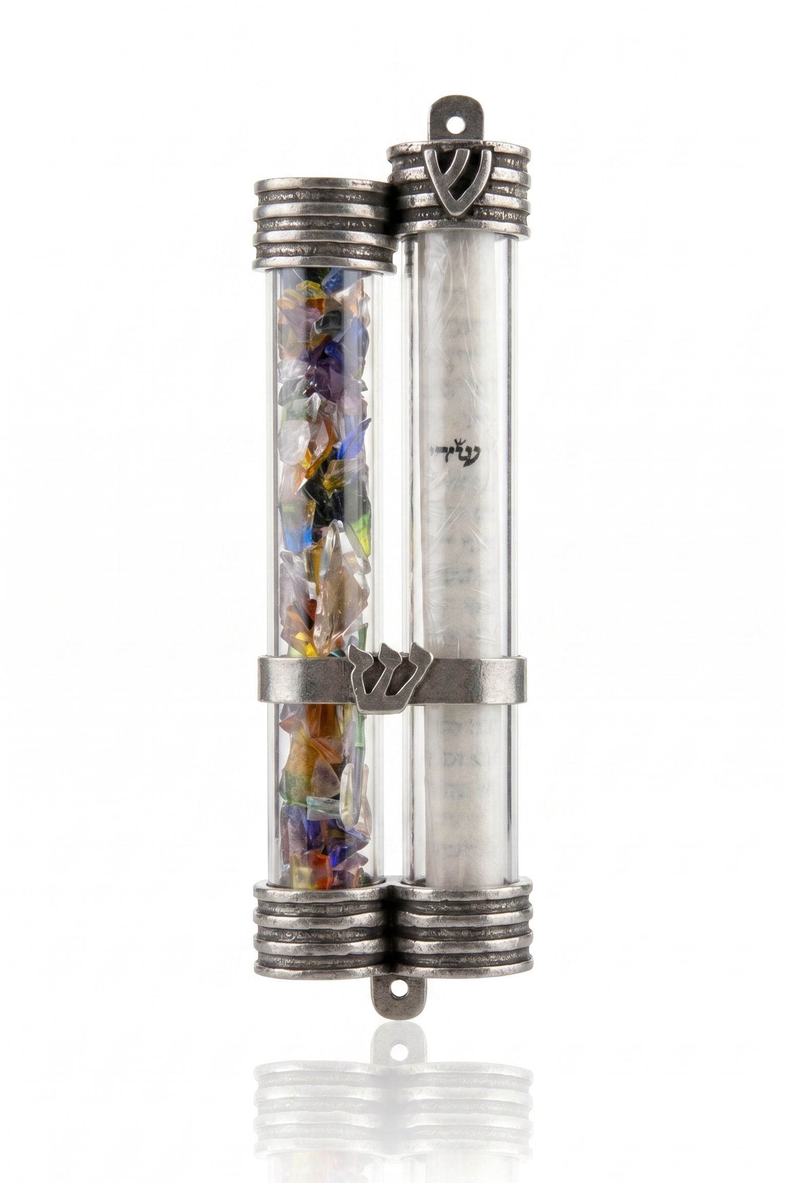 Under the Chuppah wedding glass mezuzah case with dual clear tubes, broken glass chamber, separate scroll chamber, and pewter Shin accents