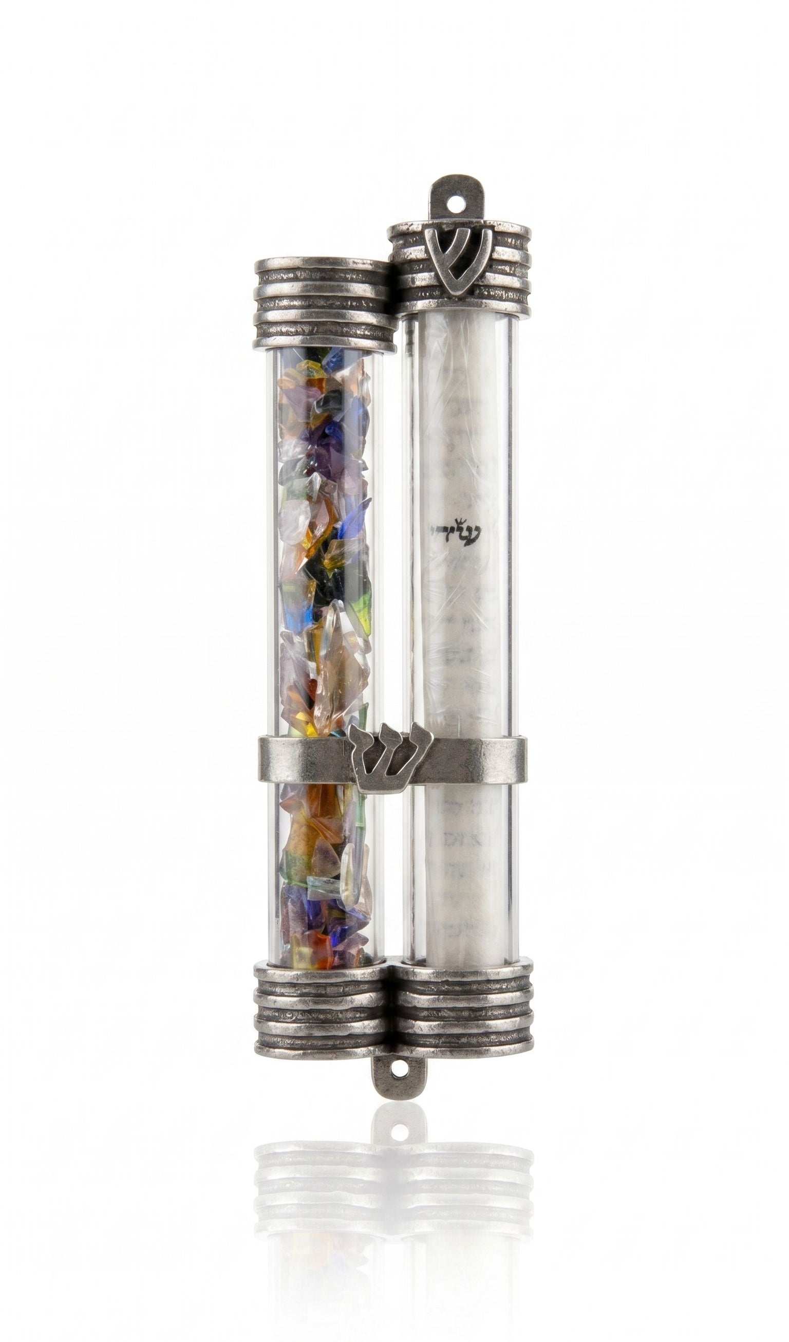 Under the Chuppah wedding glass mezuzah case with dual clear tubes, broken glass chamber, separate scroll chamber, and pewter Shin accents
