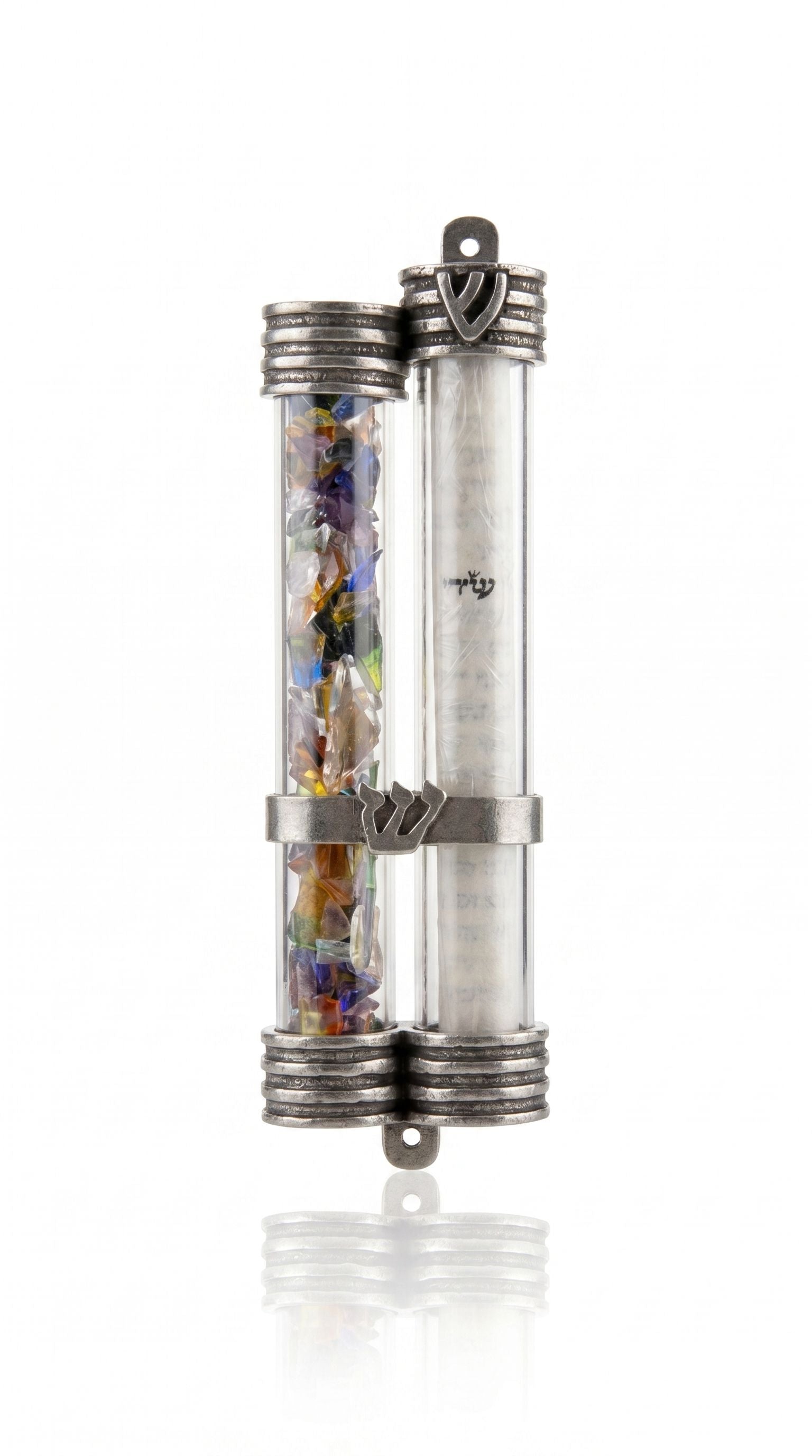 Under the Chuppah wedding glass mezuzah case with dual clear tubes, broken glass chamber, separate scroll chamber, and pewter Shin accents