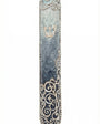 Elegant pewter mezuzah hand painted with enamel, measuring 5 inches tall, with intricate swirl details and Hebrew inscription, on a white studio background with soft reflection.
