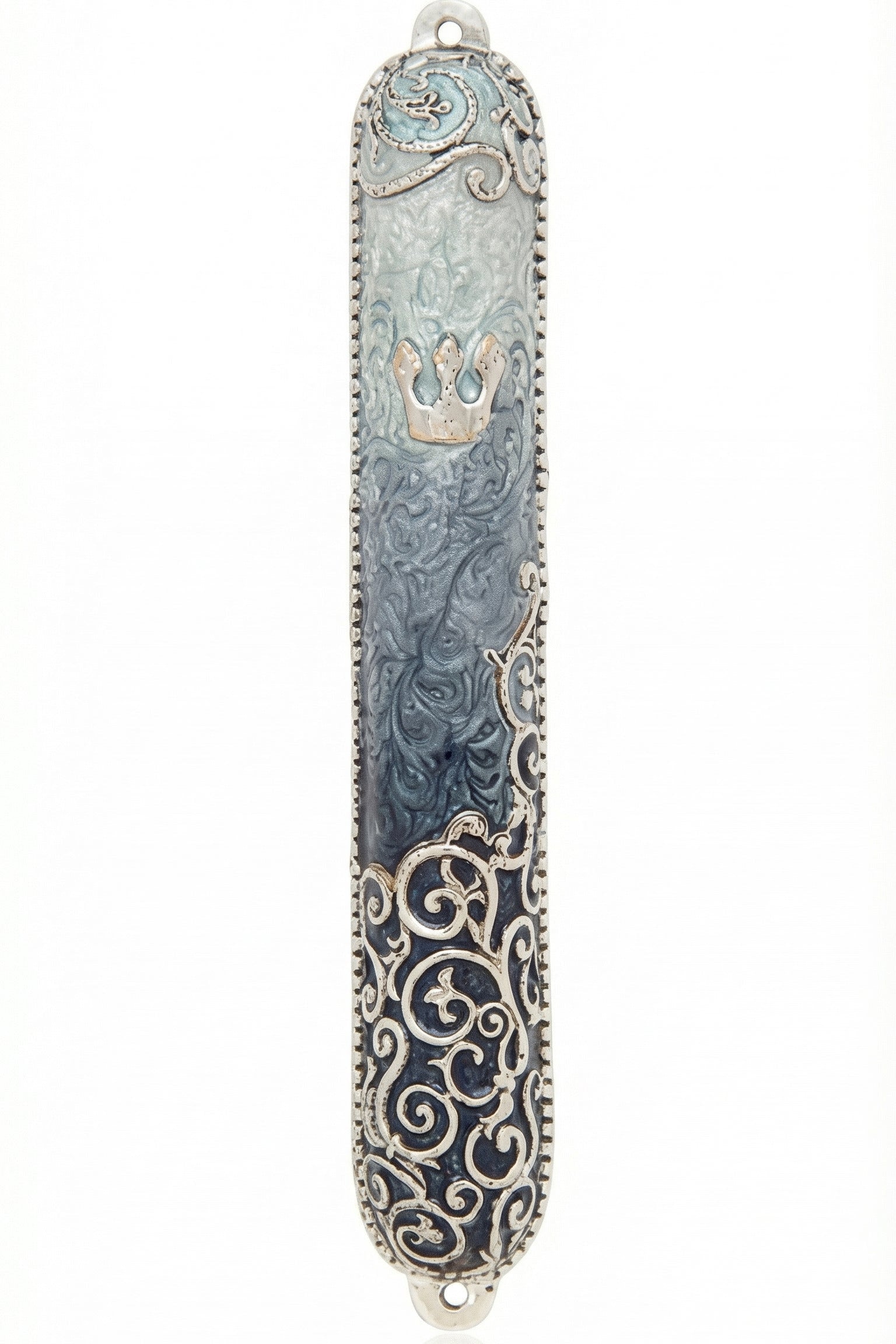 Elegant pewter mezuzah hand painted with enamel, measuring 5 inches tall, with intricate swirl details and Hebrew inscription, on a white studio background with soft reflection.