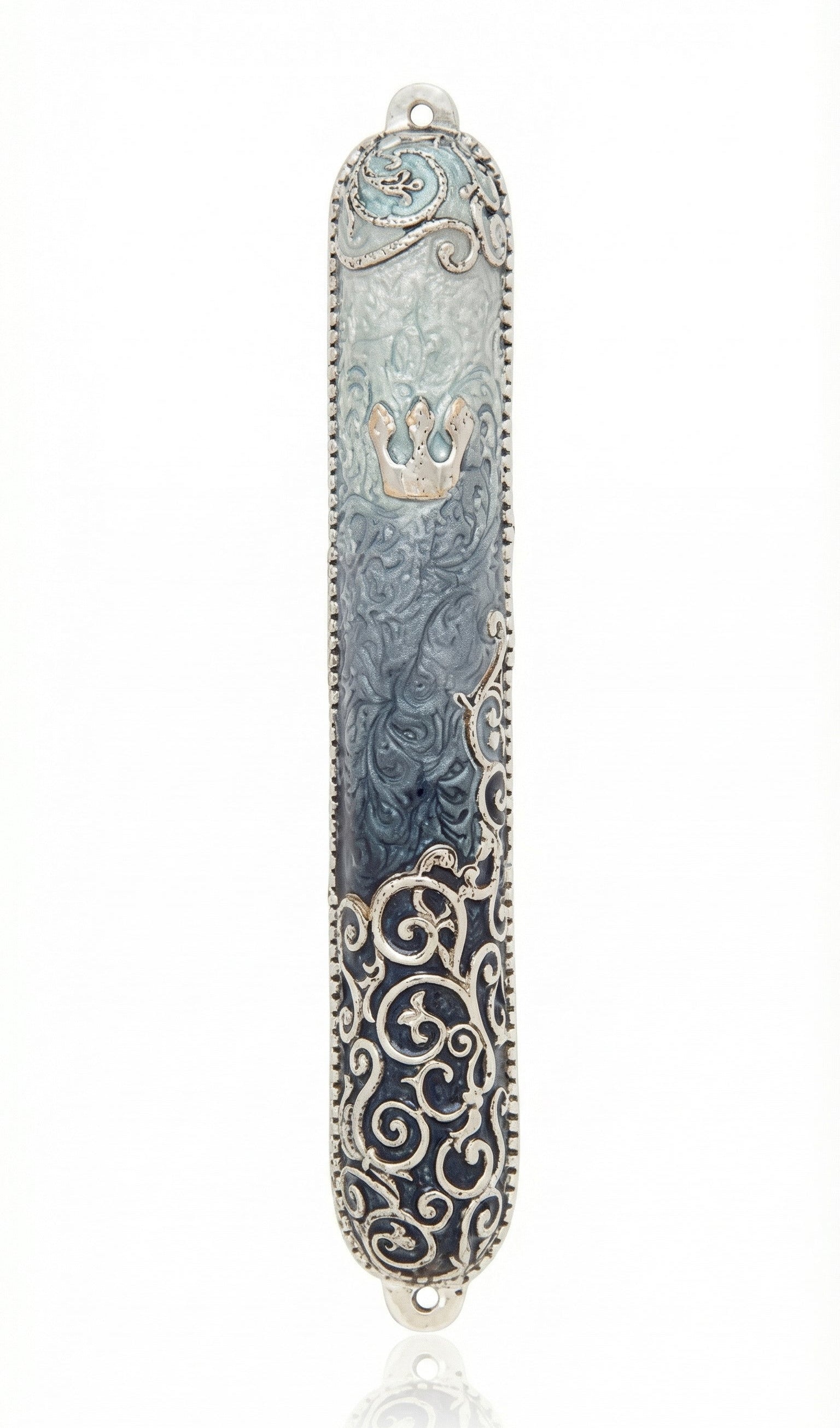 Elegant pewter mezuzah hand painted with enamel, measuring 5 inches tall, with intricate swirl details and Hebrew inscription, on a white studio background with soft reflection.