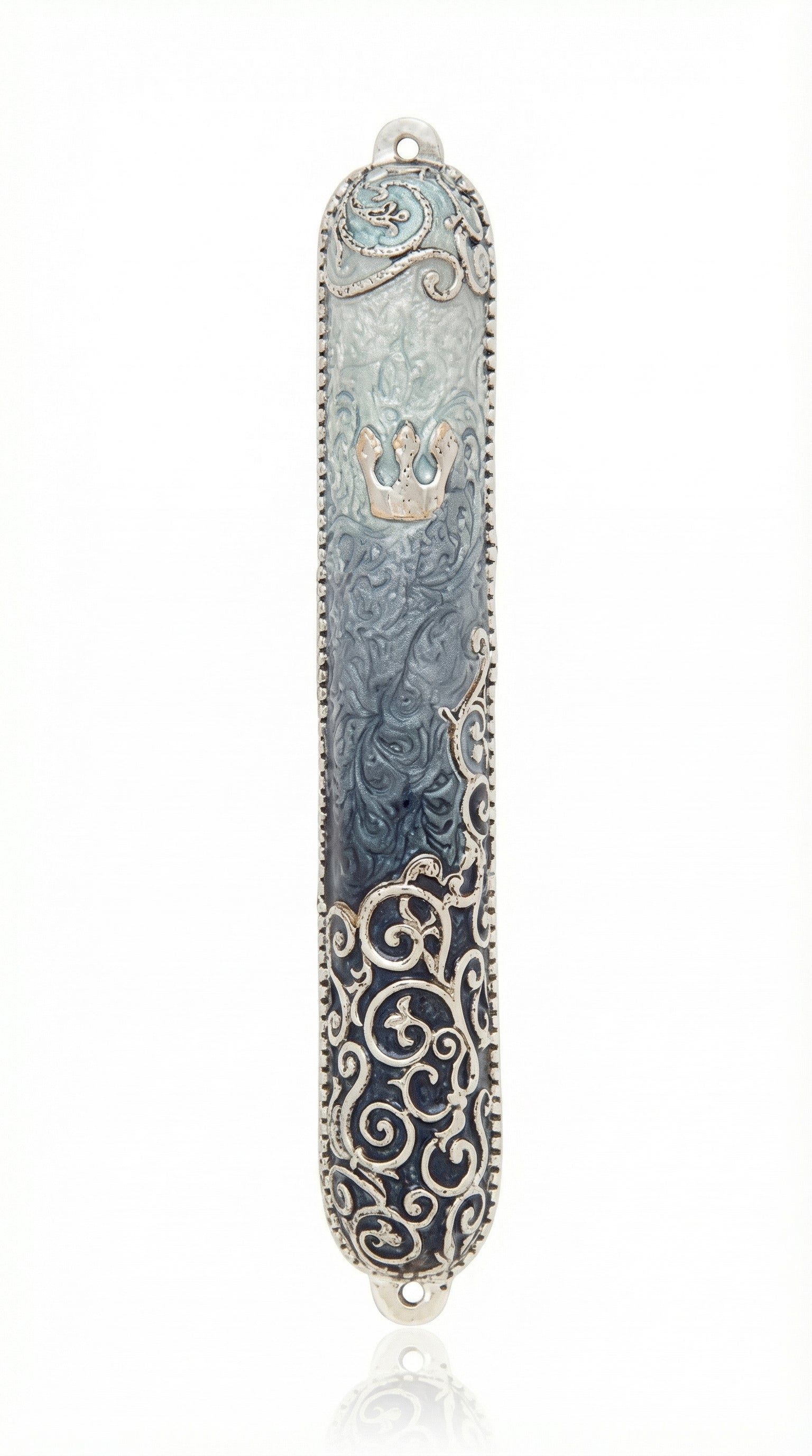 Elegant pewter mezuzah hand painted with enamel, measuring 5 inches tall, with intricate swirl details and Hebrew inscription, on a white studio background with soft reflection.