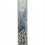 Elegant pewter mezuzah hand painted with enamel, measuring 5 inches tall, with intricate swirl details and Hebrew inscription, on a white studio background with soft reflection.